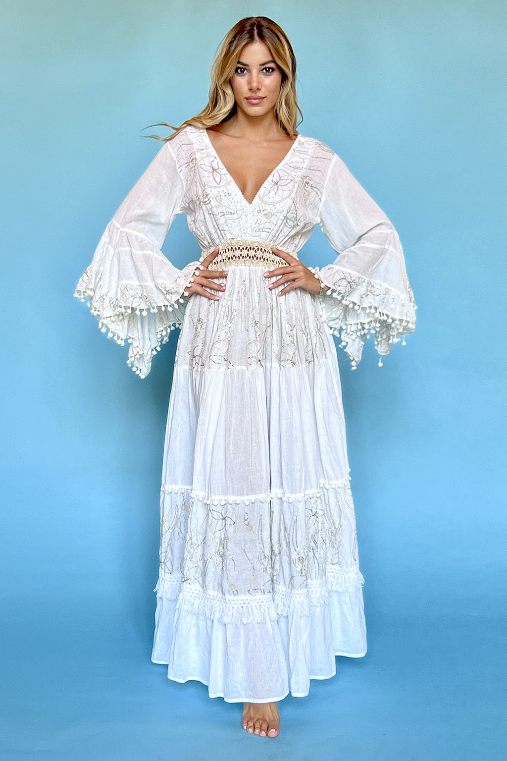 Abito Bianco Lungo Abito Lungo Con Scollo A V Antica Sartoria Positano